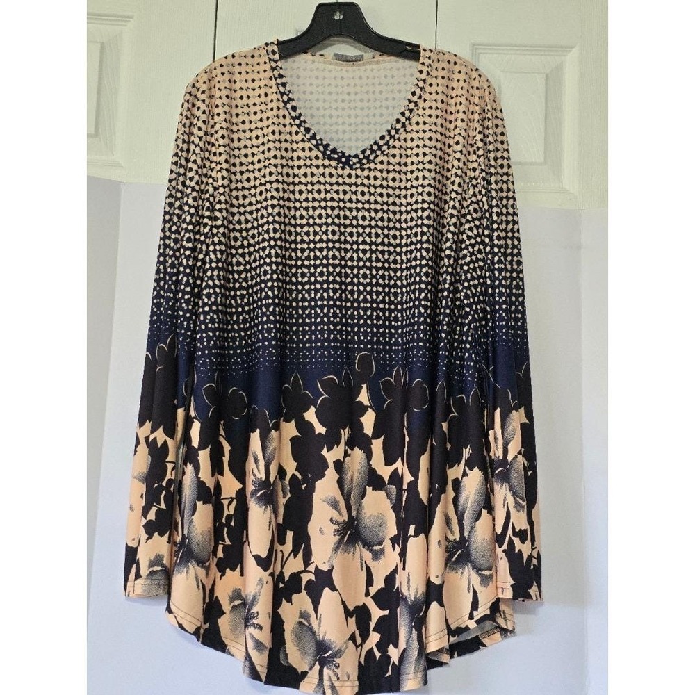 BaiShengGT Women's 2XL Long Sleeve‎ V Neck Abstract Floral Print Tunic Top